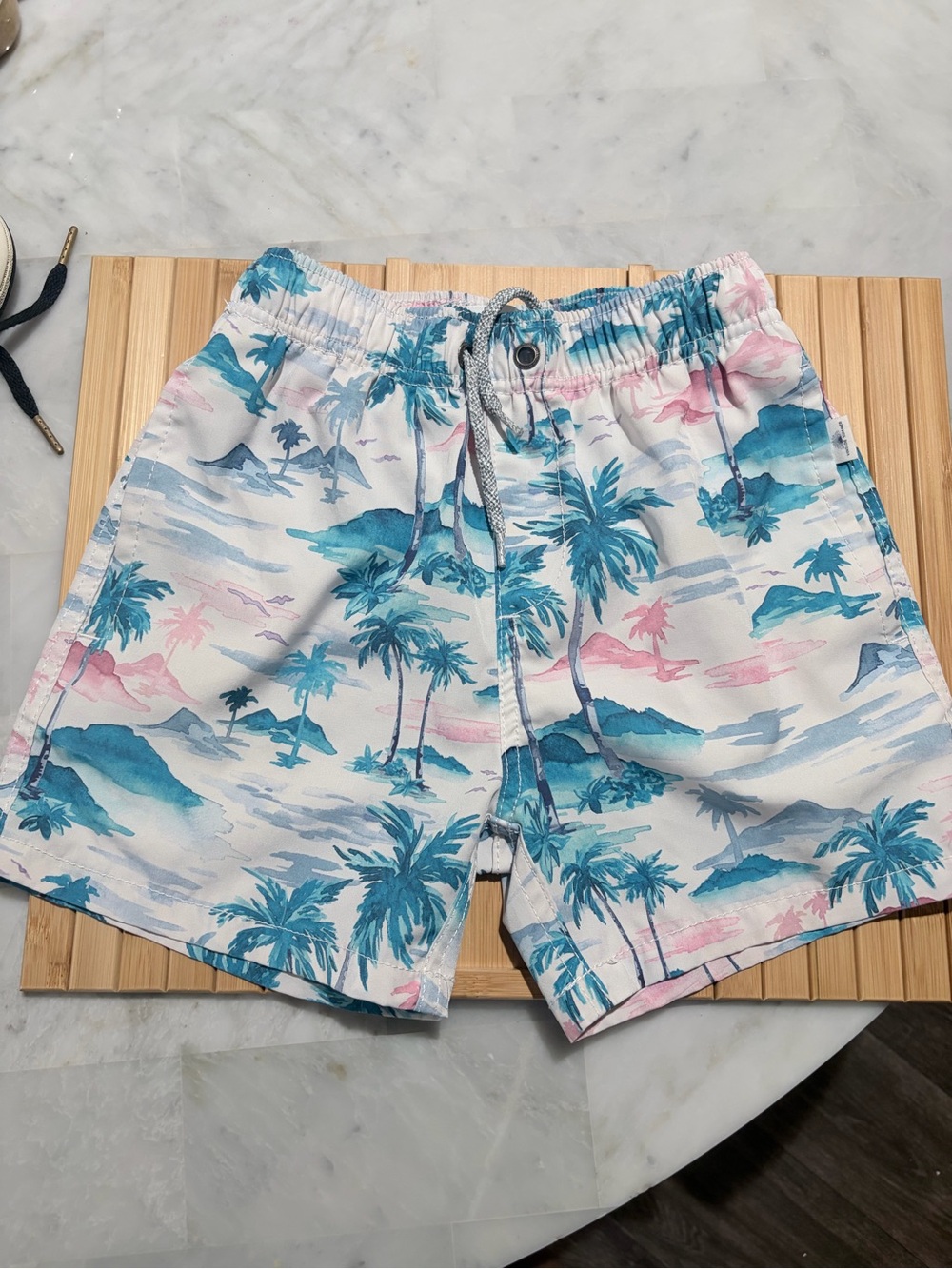Men's Tropical Print Swim Trunks in Teal & Pink